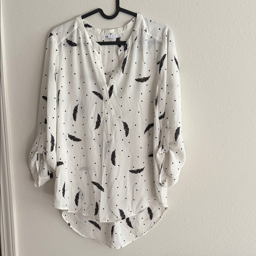 DR2 White Blouse with Black Feather Design